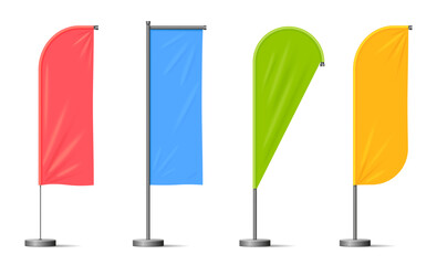 Realistic beach flags, white banner stand isolated vector mockup.