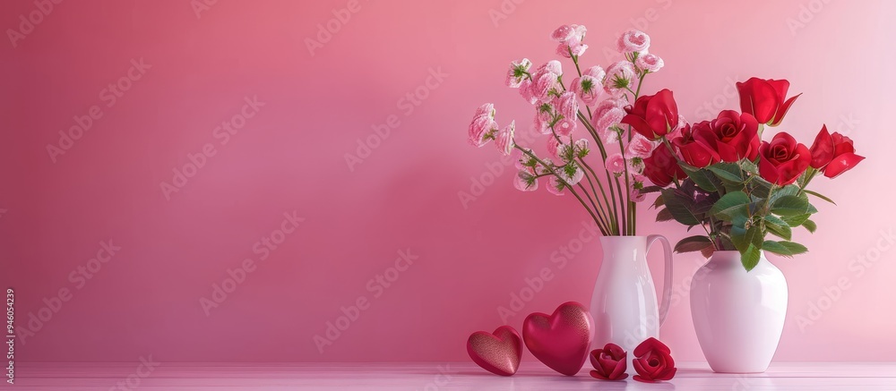 Poster lovely table arrangement for valentine s day on a pink backdrop with room for text. copy space image