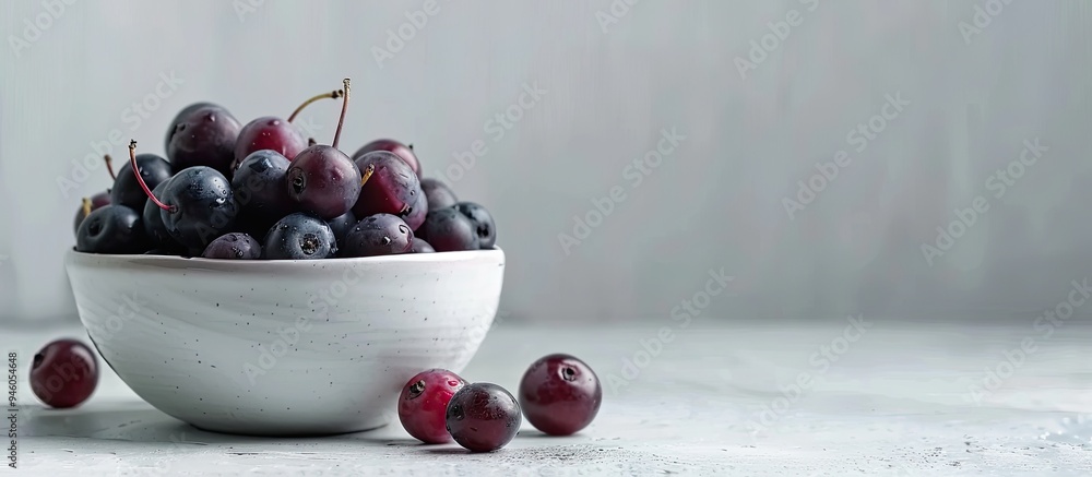 Aufkleber delicious fresh bilberries in a bowl on a white table close up room for text. copy space image. plac