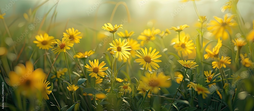 Poster lovely yellow asteraceae flowers in a meadow. copy space image. place for adding text and design