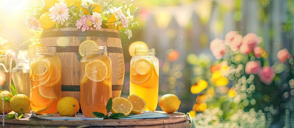 Poster lemonade in a glass barrel flasks for pouring beverages lemonade jars at the wedding reception a cha
