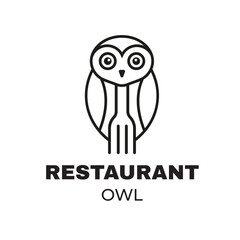 The owl logo is minimalist and combines the shape of an owl with a fork to represent a place to eat, suitable for restaurants.