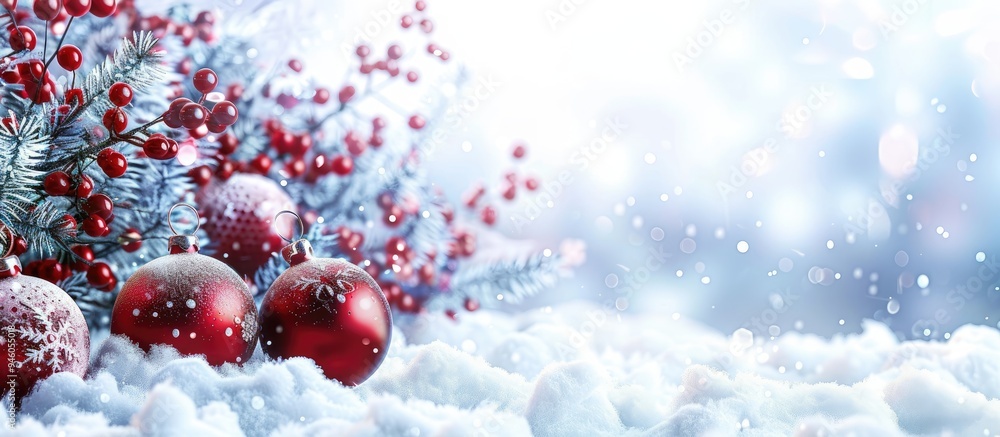Poster christmas background featuring red baubles snow and snowflakes with available space for text christm