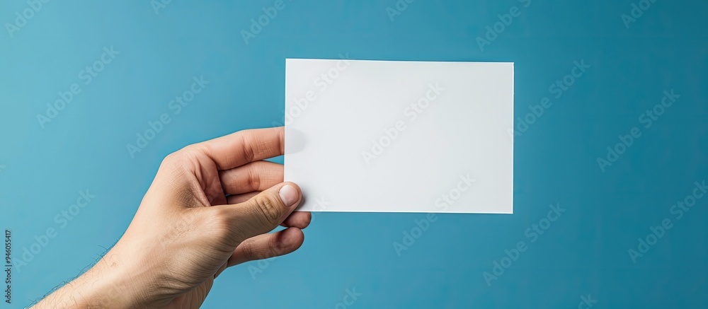 Poster hand holding a white blank paper isolated on a blue background with a clipping path. copy space imag