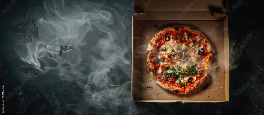 Poster pizza in an open cardboard box pizzeria restaurant menu vertical orientation dark background. copy s