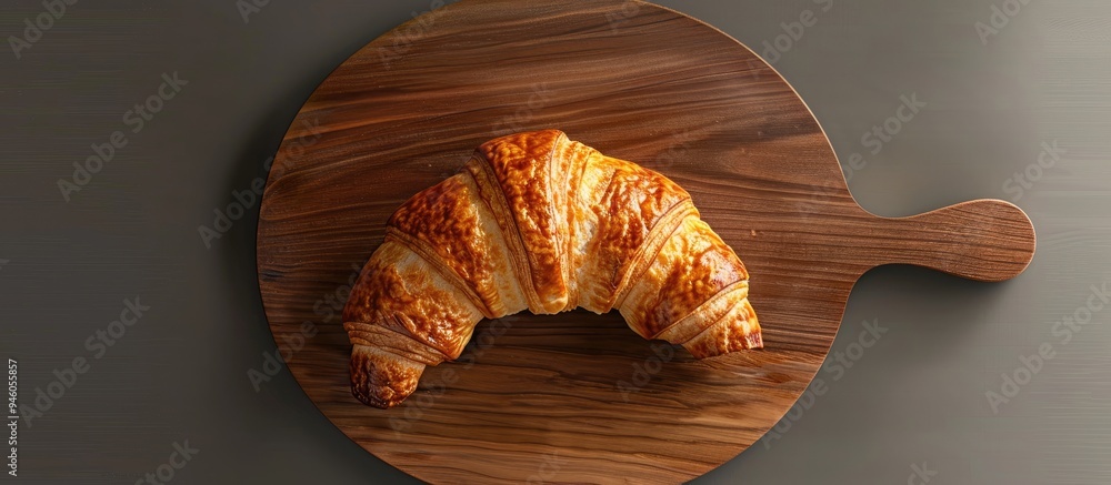 Poster croissant on a wooden board top view close up. copy space image. place for adding text and design