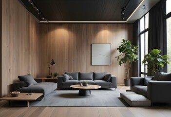 A modern and cozy living room with a large gray sectional sofa, a low wooden coffee table, and a potted plant in the corner.