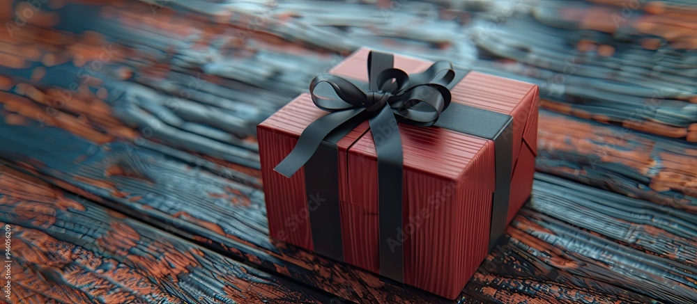 Poster elegant gift box tied with a bow on a wooden surface. copy space image. place for adding text and de