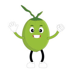 Coconut mascot, Summer Design Illustration of Happy Coconut Mascot Character with straw, lemon slice and small umbrella, while another gives thumbs up