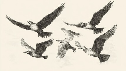 Antique engraved illustration depicting various birds in flight amidst a tranquil sky