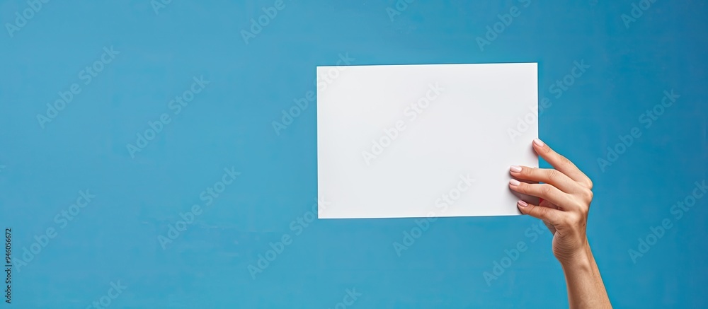 Poster hand holding a white blank paper isolated on a blue background with a clipping path. copy space imag