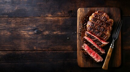 Sliced medium-rare beef steak on a dark wooden table with copy space, top view. Gourmet meat dinner background. Black slate plate and fork. BBQ grill food concept. Top-down view.