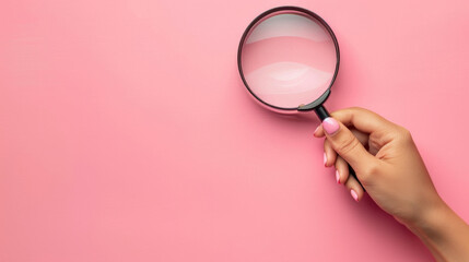 A woman's hand holds a magnifying glass on a pink background with copy space. Magnifying glass on a pink background. Background for design.