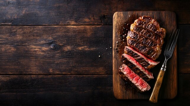 Sliced medium-rare beef steak on a dark wooden table with copy space, top view. Gourmet meat dinner background. Black slate plate and fork. BBQ grill food concept. Top-down view.