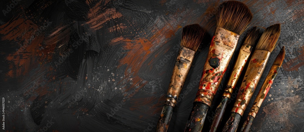 Poster worn out paint brushes. copy space image. place for adding text and design