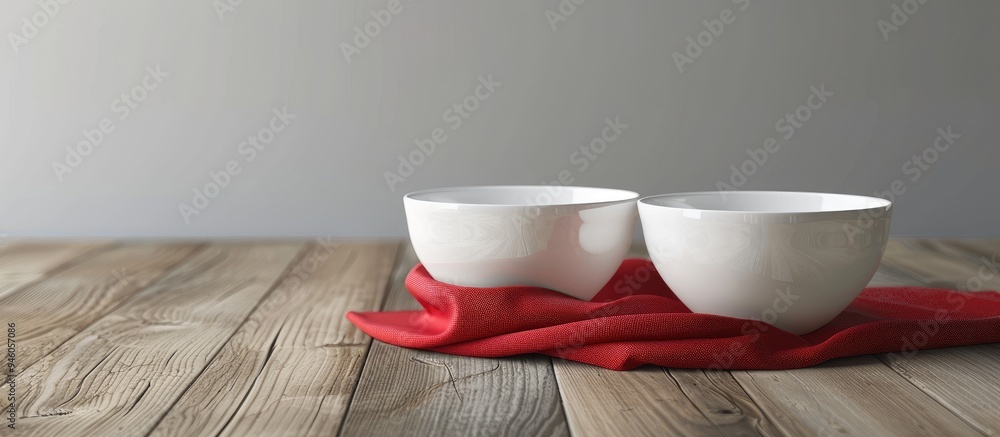 Poster white bowls red and white napkin. copy space image. place for adding text and design