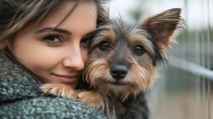 Young adult woman holding cute dog in her arms. Love for animals, adopting a dog from an animal shelter, making a companion, making a friend