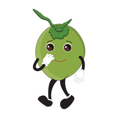 Coconut mascot, Summer Design Illustration of Happy Coconut Mascot Character with straw, lemon slice and small umbrella, while another gives thumbs up