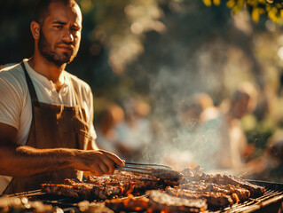 Enjoying lively barbecue party with friends as the grill master cooks outdoors. Generative AI