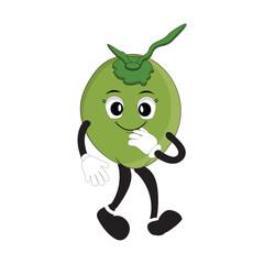 Coconut mascot, Summer Design Illustration of Happy Coconut Mascot Character with straw, lemon slice and small umbrella, while another gives thumbs up