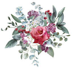 Watercolor floral border, red and white flower bouquets, png illustration