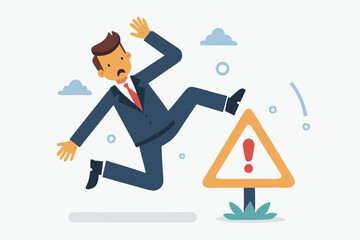 Caution or mistake attention, risk alarm with exclamation point symbol, error or failure warning, bankruptcy notice alert, problem attention concept, frustrated businessman fall under attention sign.
