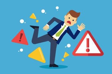 Caution or mistake attention, risk alarm with exclamation point symbol, error or failure warning, bankruptcy notice alert, problem attention concept, frustrated businessman fall under attention sign.
