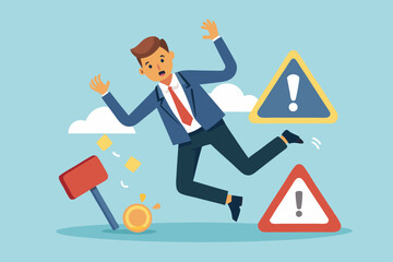 Caution or mistake attention, risk alarm with exclamation point symbol, error or failure warning, bankruptcy notice alert, problem attention concept, frustrated businessman fall under attention sign.
