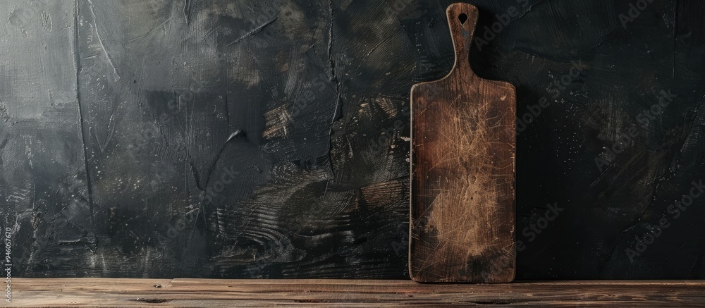 Poster worn cutting board on the table. copy space image. place for adding text and design