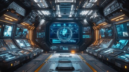 Obraz premium Futuristic Spaceship Interior with Digital Displays and Control Panel