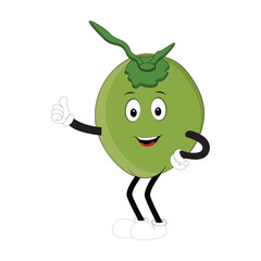 Coconut mascot, Summer Design Illustration of Happy Coconut Mascot Character with straw, lemon slice and small umbrella, while another gives thumbs up