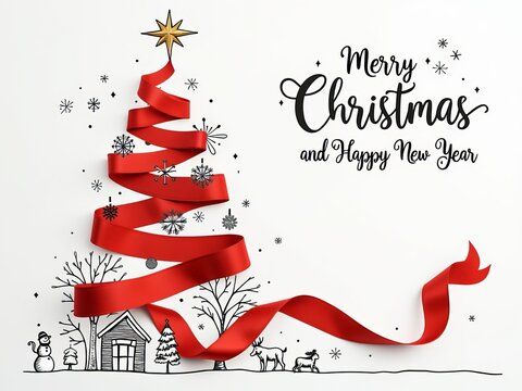 A red ribbon and Christmas tree with a golden star with the text MERRY CHRISTMAS