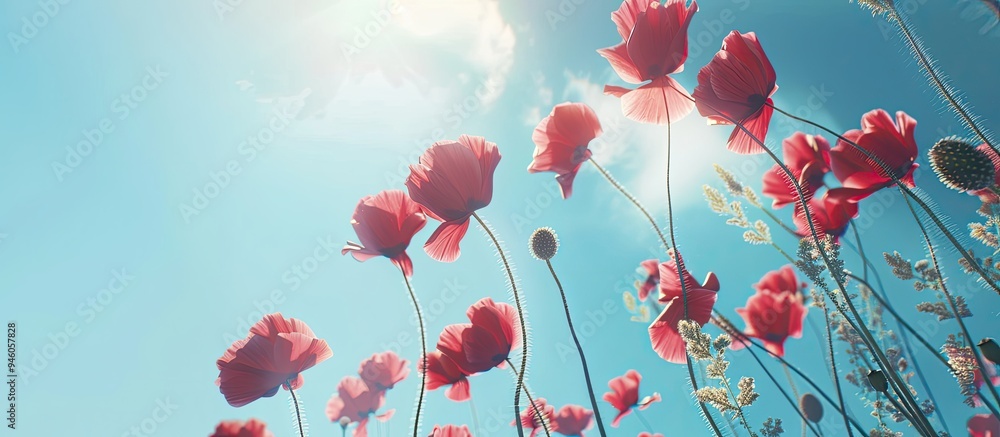 Poster red poppies against a blue sky backdrop. copy space image. place for adding text and design