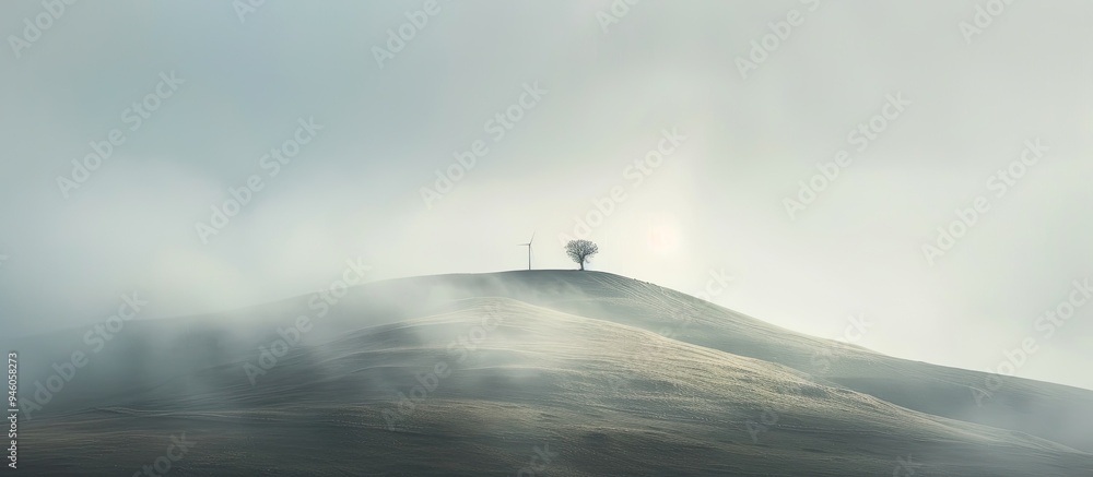 Aufkleber a lone windmill on a hill is captured in a photograph serving as the only distinct feature emerging 