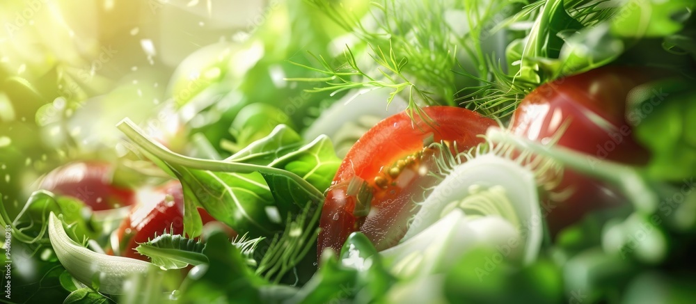 Poster close up of a fresh salad featuring fennel greens and tomato. copy space image. place for adding tex