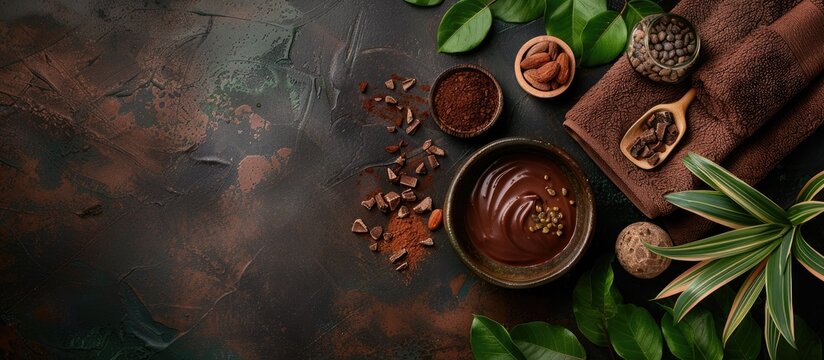 Chocolate Spa flat lay on a dark background top view copy space Natural beauty products for a chocolate spa alongside a towel and plants