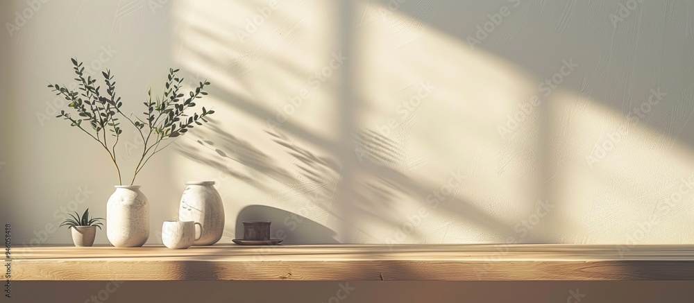 Poster Household items arranged on the desk. Copy space image. Place for adding text and design