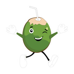 Coconut mascot, Summer Design Illustration of Happy Coconut Mascot Character with straw, lemon slice and small umbrella, while another gives thumbs up