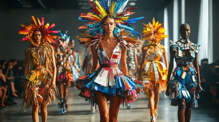 Fashion Show with Models Wearing Recycled Paper Dresses