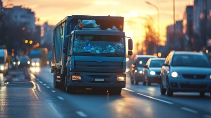 Garbage Truck Driving on City Street at Sunset