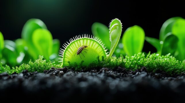 A captivating close-up of a Venus flytrap capturing an insect, surrounded by lush greenery, showcasing nature's wonders.