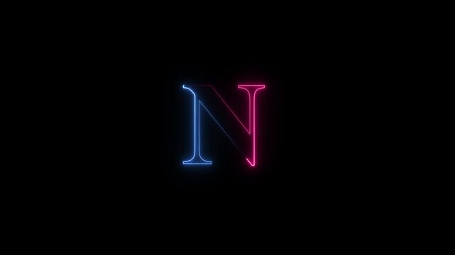 Glowing neon effect with letter N alphabet on black background. video footage. 4k animation