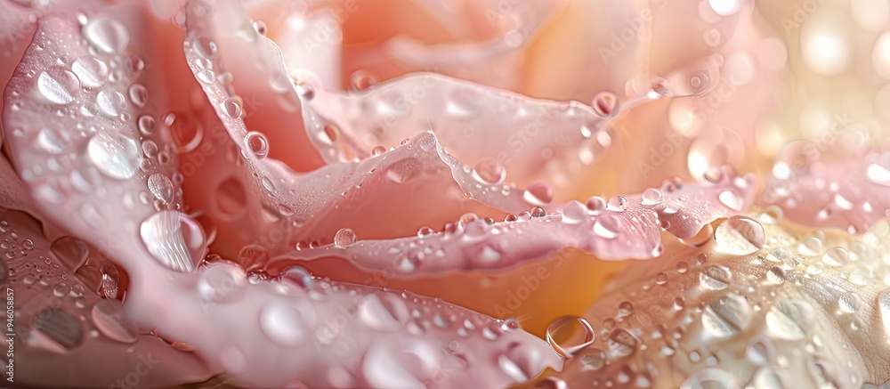 Poster soft backdrop of water droplets and bokeh on beige and pink english rose petals in pastel shades mac