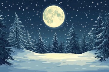 Christmas background with a snowy forest scene and a bright full moon