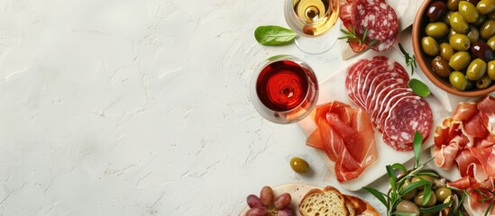 Traditional Italian antipasto featuring sliced meats paired with wine and olives on a white table Top view copy space