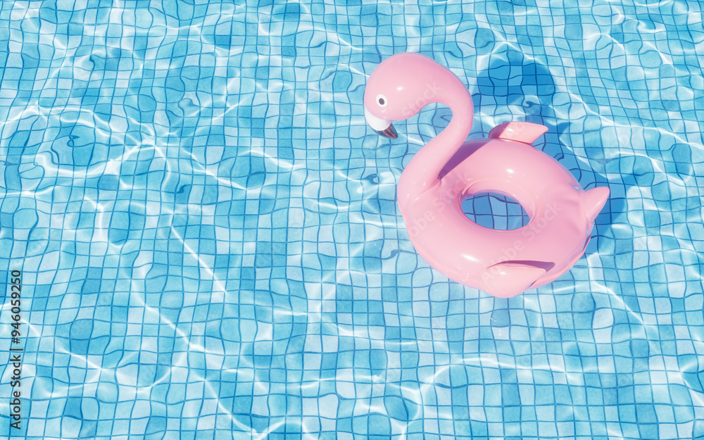 Poster swimming pool and floating flamingo, 3d rendering.