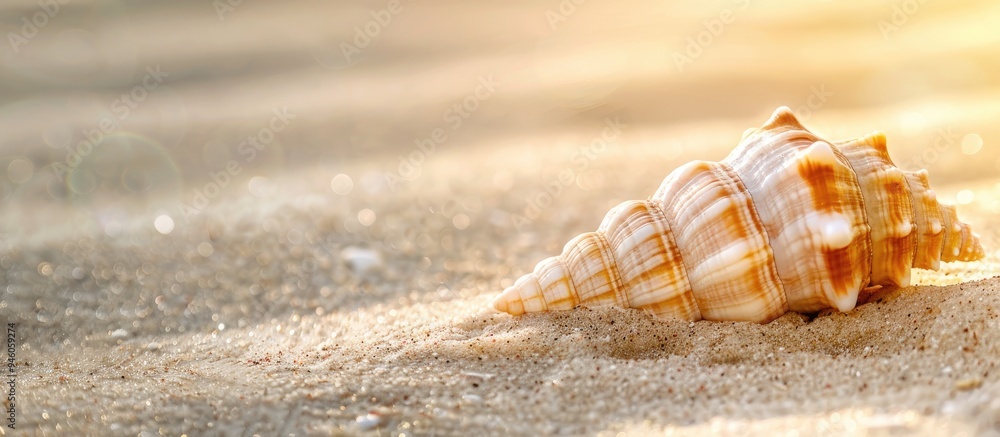 Poster isolated seashell on the sand selected focus close up background copyspace for text