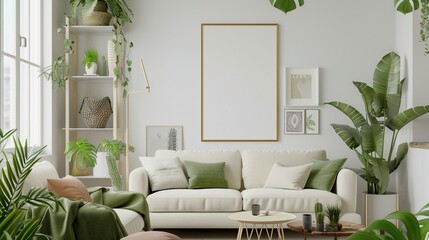 Create a Warm, Fresh Living Room Oasis: Stylish Green Plants, Cozy Sofas, and a Stunning Poster Frame - High-Resolution, Award-Winning Photography for Perfect Home Decor