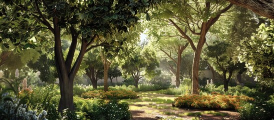 Fototapeta premium Trees within the peace garden. Copy space image. Place for adding text and design
