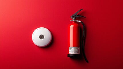 Ensuring Home Safety: Fire Extinguishers and Smoke Detectors on Vibrant Red Background